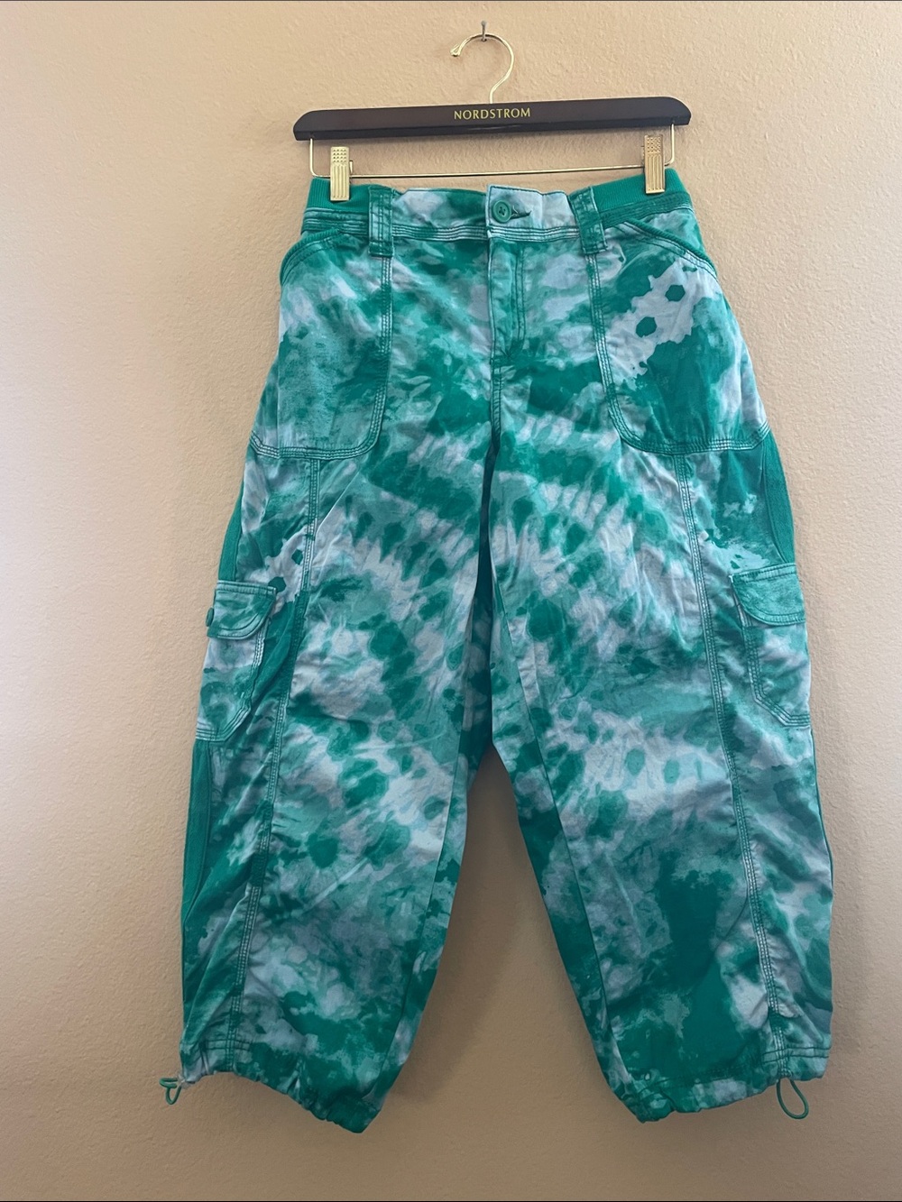 CAbi Teal & White Tie-Dye Cargo Capris